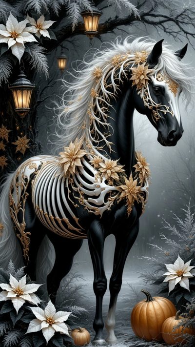 a skeleton horse standing in front of a tree with pumpkins and flowers on it Cute Halloween Horse Horse Skeleton Leg, Skeleton Horse, Fantasy Skeleton Horse, dark slate gray