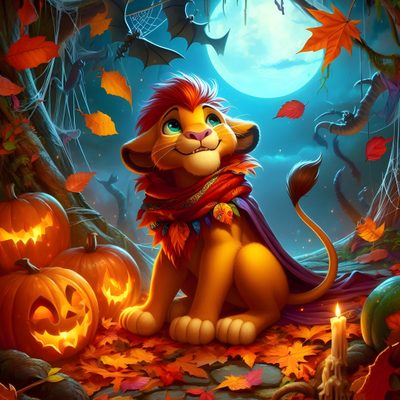 a lion sitting on top of a pile of pumpkins next to a full moon Lion King Halloween Lion King Halloween, Animated Disney Halloween Characters, Disney Halloween Cartoons, saddle brown