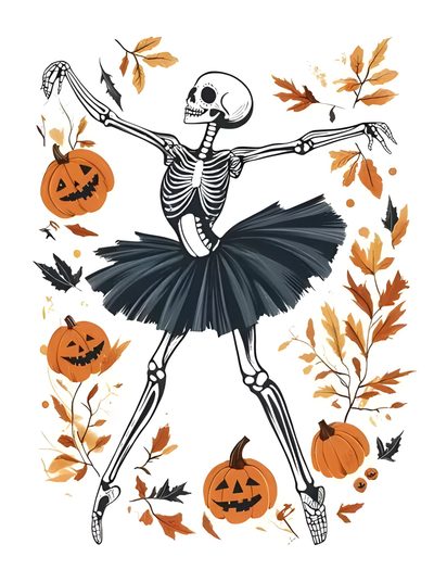 a skeleton in a tutu with pumpkins around it Halloween Ballerina Ballerina Pumpkin, Ballerina Bat, Fall Skeleton, Halloween Ballerina, white