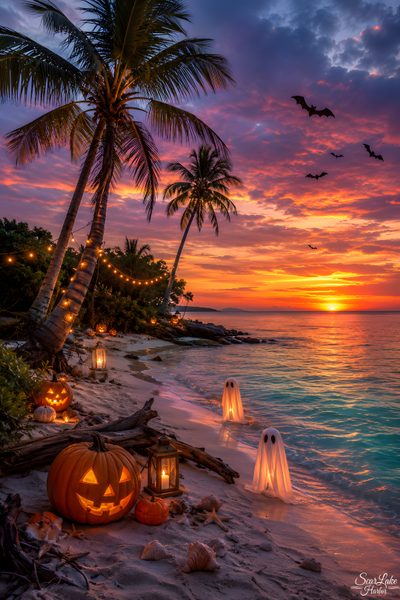 halloween decorations on the beach at sunset with palm trees and pumpkins in the foreground Beach Halloween Holiday Images, Halloween Inspiration, Ghost Decoration, Beach Aesthetic, dim gray