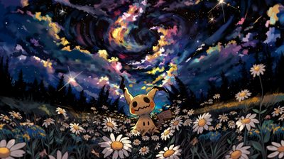 a painting of a pikachu surrounded by daisies and stars in the night sky Halloween Mimikyu Mewtwo Desktop, Pokemon Ultra Wide, Mimikyu 4k, Pc 4k Pokemon, dark slate gray