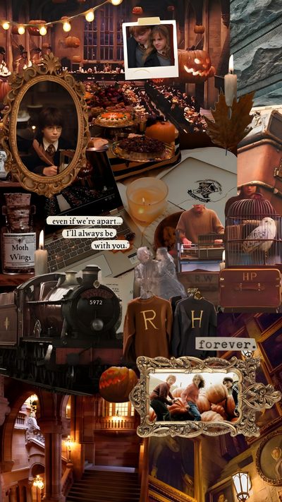 a collage of photos and pictures with an old fashioned train in the middle, surrounded by other items Harry Potter Halloween Aesthetic Harry Potter Aesthetic Backgrounds, Halloween In Harry Potter, Harry Potter Aesthetic Halloween, saddle brown