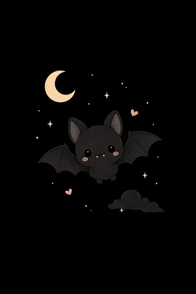 a bat flying through the night sky with stars and moon on it's back Halloween Bat Iphone Cute Bat, Cute Smartwatch, Cute Halloween Backgrounds, Bat Cartoon, black