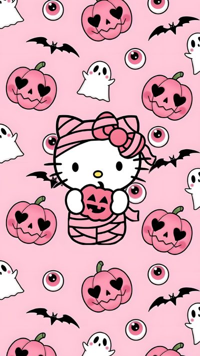 hello kitty halloween wallpaper with pumpkins and ghost faces on pink, the background is filled with black bats Hello Kitty Halloween Pink Hello Kitty Halloween Background, Pink Pink Hello Kitty Halloween Background, Iphone Cute Hello Kitty Halloween,