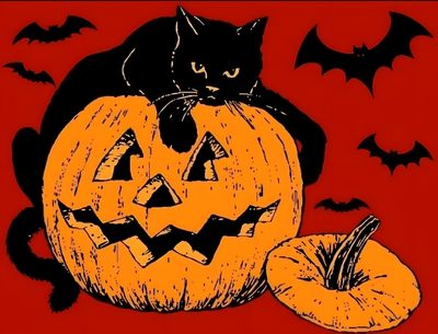 a black cat sitting on top of a pumpkin next to a jack - o'- lantern 2000s Halloween Vaporwave Halloween, Halloween Gif Aesthetic, Halloween Gifs Aesthetic, firebrick