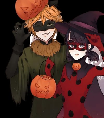two people dressed up in halloween costumes with pumpkins on their heads and one holding a jack - o'- lantern Miraculous Ladybug Halloween Miraculous Halloween, Miraculous Ladybug Pumpkin, Miraculous Ladybug Halloween Costumes, black