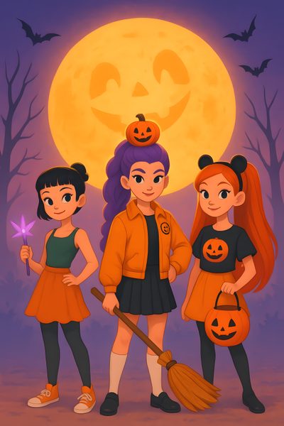 three girls dressed up as witches with pumpkins and bats in front of a full moon Halloween Kpop Demon Hunters Three Witches, Halloween Character Illustration, Digital Painting, sienna