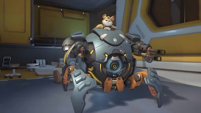 a cat sitting on top of a giant robot in a room with yellow walls and flooring Wrecking Ball Halloween Wrecking Ball Overwatch Png, New Junk City Overwatch, Wrecking Ball Overwatch Icon, dark slate gray
