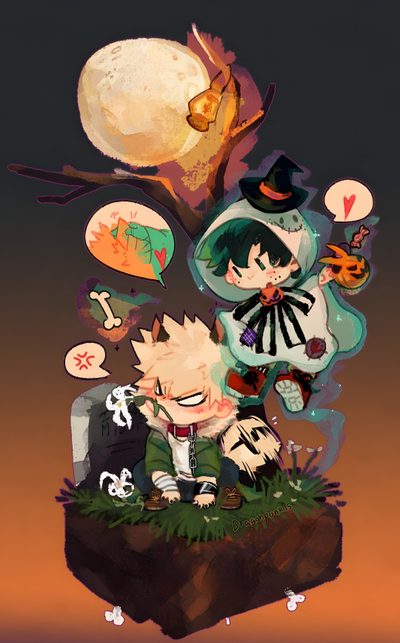 two anime characters sitting on top of each other in front of a full moon and tree Mha Halloween Phone Kacchan X Deku, Deku And Kacchan, Mha Halloween, Bakugou Halloween, dark olive green