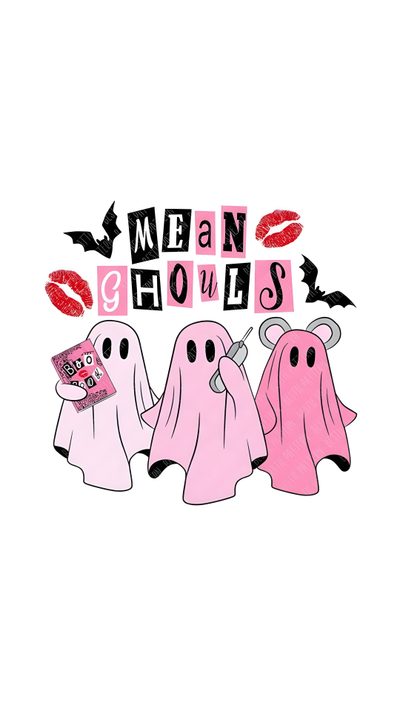 three pink ghost characters with the words mean ghouls on their foreheads and lips Pink Preppy Halloween Pink Halloween Characters, Cute Halloween Mean Girls, Mean Girls Halloween, white