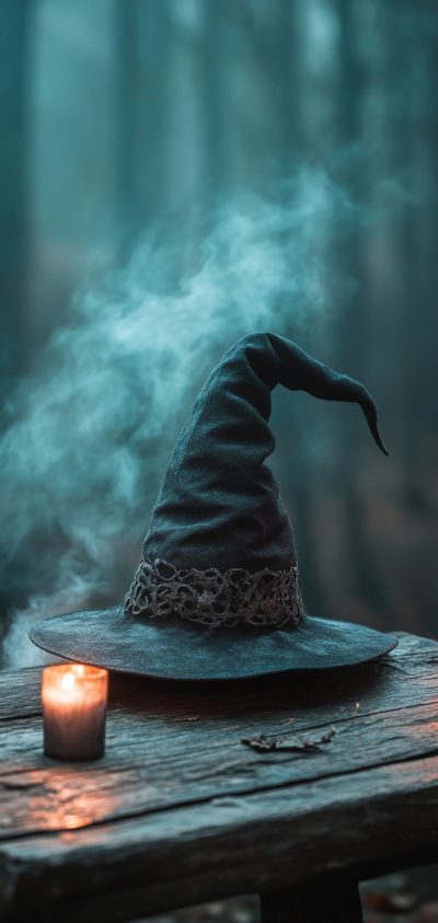 a witches hat sitting on top of a wooden table next to a lit up candle Halloween Witch Hat Witchy Halloween Iphone, Witchy Halloween Background, Halloween Witch Hat, dark slate gray