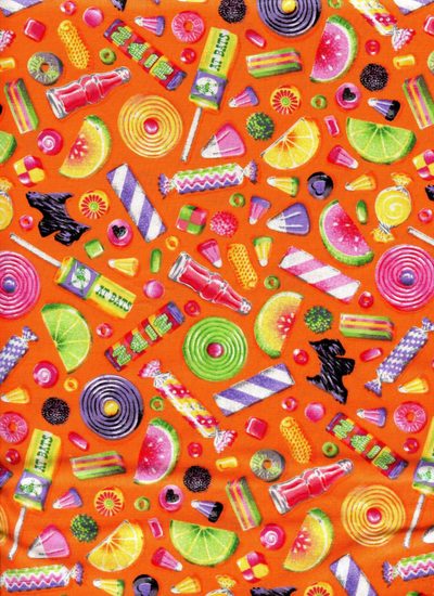 an orange background with candy and candies Halloween Fabric Candy Halloween Design Candy Fabric, Colorful Candy Fabric, Halloween Candy With Striped Background, chocolate