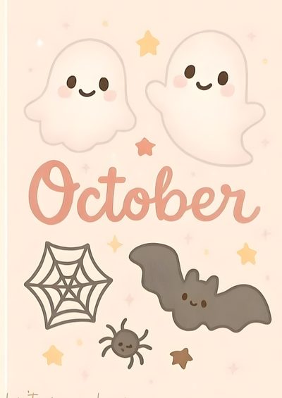 a halloween card with two ghostes and a spider on the front, one is for october October Preppy Halloween October Cute, Cutesy Halloween, Cute October Drawings, Cute October, linen