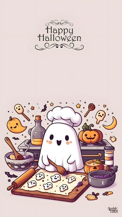 a happy halloween card with an image of a ghost baking cookies and other food items Halloween Food Cute Halloween Happy Halloween, Halloween Kawaii, Kawaii Halloween, Cute Halloween, gainsboro