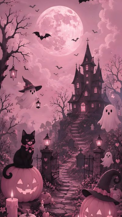a cat sitting on top of a pumpkin in front of a house with halloween decorations Dark Pink Halloween Halloween Art Aesthetic, Halloween Phone Backgrounds, Aesthetic Halloween, indian red
