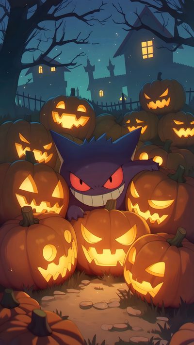 a bunch of pumpkins that are sitting in the ground with faces carved into them Ghost Pokemon Halloween Halloween Charizard, Pokémon Halloween, Halloween Pokémon, dark slate gray