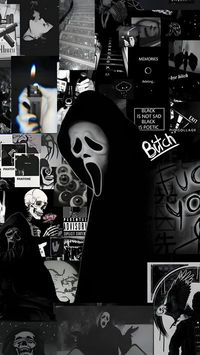 a collage of black and white photos with grime images on them, including a ghost Black And While Halloween Dark Horror Art Collection, Black And White Horror-themed Collage, Gothic Aesthetic,