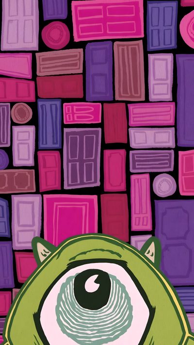 an eye is shown in the middle of a painting with pink, purple and green squares Monsters Inc Halloween Monsters Inc Door Drawing, Monsters Inc Doors, Pop Culture Painting, medium violet red