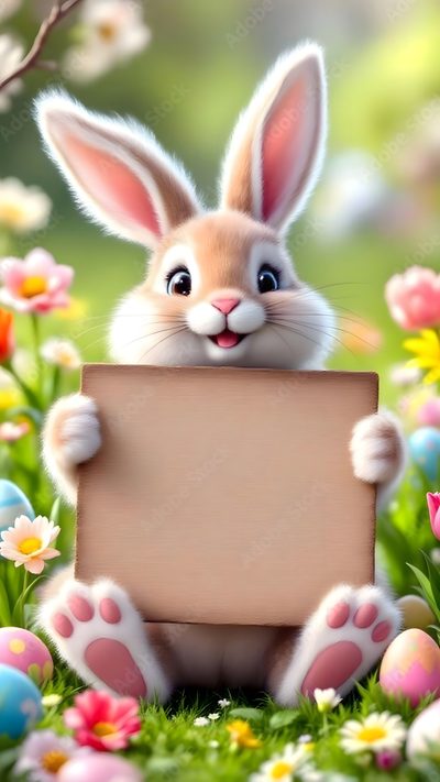 a rabbit holding a sign in the grass with flowers around it and eggs all around Halloween Easter Ideas Bunny Easter, Happy Easter Bunny Background, Easter Vector, Easter 2025, rosy brown