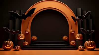 an arch with carved pumpkins and bats on it in front of a black background Halloween Podium Halloween Set Design, Halloween Podium, Halloween Contest Background, black