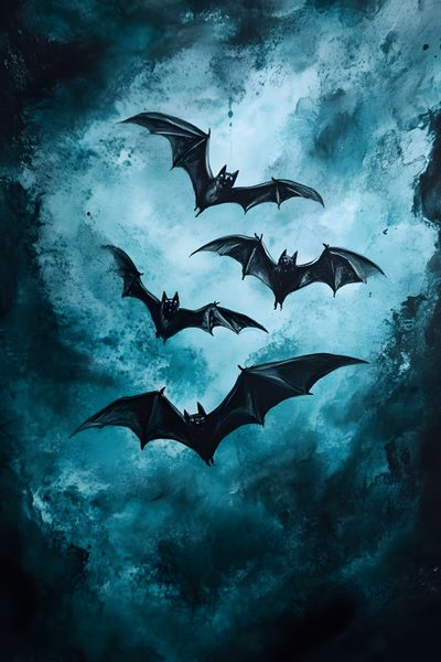 three bats flying in the sky above some blue and black water with clouds behind them Halloween Whimsical Bats-large Creepy Bats, Scary Bats, Scardey Bat, Bat Rays, Bat Swarm, dark slate gray