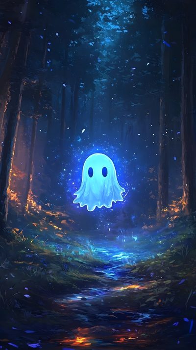 a blue ghost floating in the middle of a forest Halloween - Ghost Mood - Aqua Animated Ghost Cartoon, Blue Halloween Pfp, Cool Ghost, dark slate gray