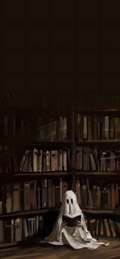 a ghost sitting on the floor in front of bookshelves Iphone Halloween Book Dark Cottagecore Aesthetic, Scary Backgrounds, Cottagecore Aesthetic, black