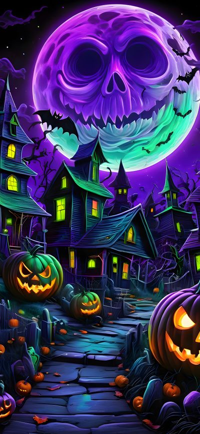 an image of a halloween scene with pumpkins Spooky Neon Halloween Free Halloween, Spooky Halloween Pictures, Happy Halloween Pictures, midnight blue