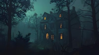 a creepy house in the middle of a forest at night with light coming from windows Halloween Forest House Creepy Haunted House Background, Ancient Haunted House In Forest, Haunted House Black Background, dark slate gray