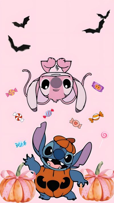 an image of a cartoon character on a pink background with bats and pumpkins in the foreground Cute Stitch And Angel Halloween Angel Lilo And Stitch, Lip, Halloween Cute, Disney Favorites, misty rose