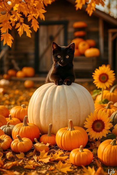 a black cat sitting on top of a pumpkin surrounded by fall leaves and sunflowers Halloween Kitten Hd Fall Cats, Autumn Pumpkin And Cat Photo, Thanksgiving Cat, Fall Cat Picture, saddle brown