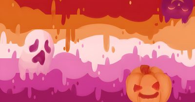 an orange pumpkin sitting in front of a wall with dripping paint on it's face Lesbian Halloween Lesbian Halloween, Lgbtq Halloween, Halloween Pride Flag, indian red