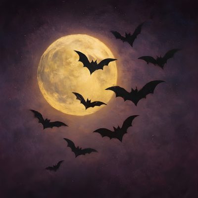 a painting of bats flying in front of a full moon Halloween Bats Moon Spooky Halloween Sky, Bats And Moon, Bat Painting Ideas, Spooky Moon, dark slate gray