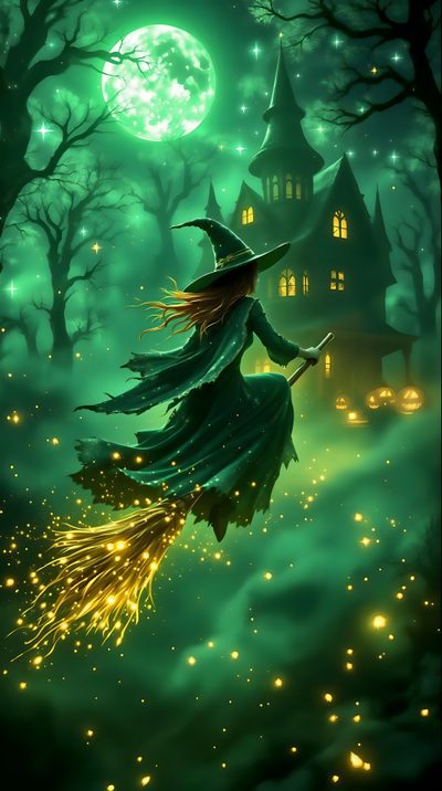 a witch flying through the air on her broom Halloween Witch Iphone Witch Broom, Witches Backgrounds, Good Witch, Witches Iphone, dark slate gray