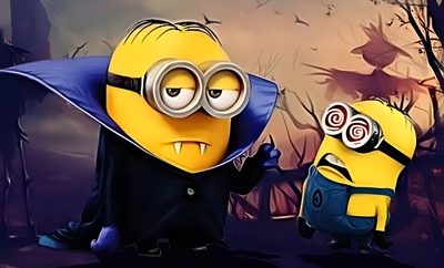two minion characters standing next to each other Minion Halloween Desktop Vampire Minion Drawing, Minions Halloween, Evil Kevin Minion, dark slate gray