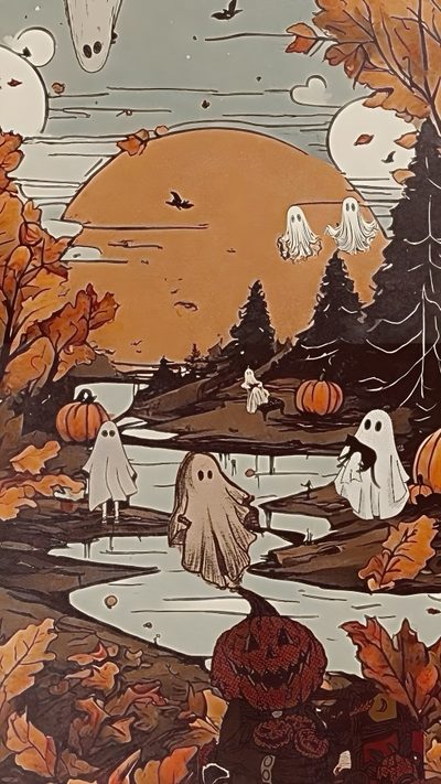 an image of halloween scene with pumpkins and ghost Aesthetic Retro Vintage Halloween Iphone Fall Halloween Aesthetic Iphone, Fall Spooky Aesthetic, Spooky Fall Iphone, sienna