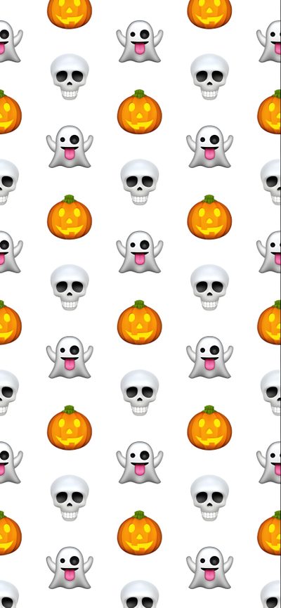 halloween themed wallpaper with skulls and pumpkins on white background, all in the same pattern Halloween Emoji Halloween Iphone Lock Screen, Halloween For Lock Screen, Halloween Lock Screens, white