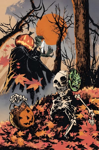 a skeleton sitting on top of a pile of leaves next to a forest filled with trees Old School Halloween Cover Art, Spooky Comic Books, Samhain, Yoruichi Shihouin, Halloween Comic Art, sienna