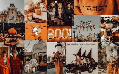 a collage of halloween images including pumpkins, witches and booze on display Cute Aesthetic Halloween For Computer For Laptop Halloween, Aesthetic Ipad Horizontal Halloween, Halloween Aesthetic Background Laptop, sienna