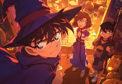 two children dressed as witches standing in front of pumpkins Detective Conan Halloween Conan Comics, Detective Conan, Case Closed, Detective, Halloween Party, saddle brown