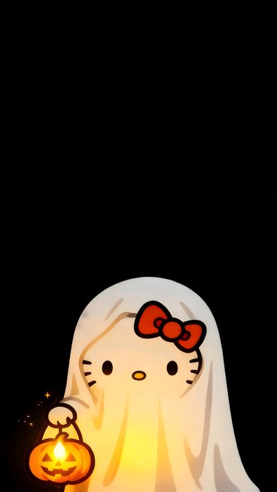 a hello kitty light with a pumpkin on the ground next to it and a ghost Hello Kitty Y2k Halloween Sanrio Halloween, Hello Kitty Ghost, Hello Kitty Iphone Halloween, black