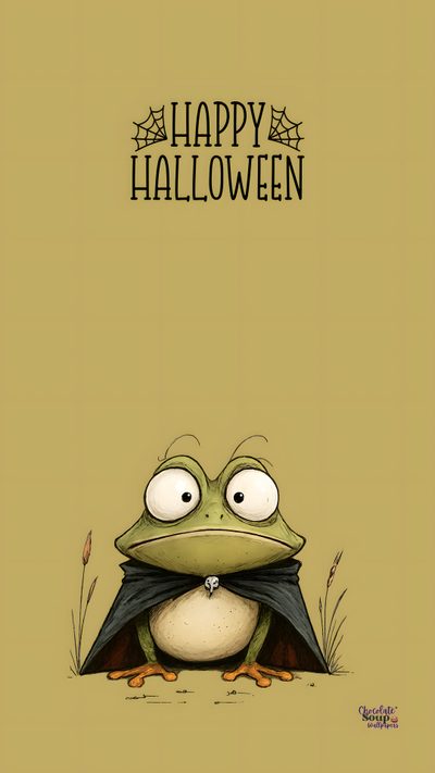 a green frog with big eyes and a black cape on it's head is looking at the camera Frog Halloween Pumpkin With Frog Illustration, Phone, Funny Cartoon Frog Illustration, dark khaki