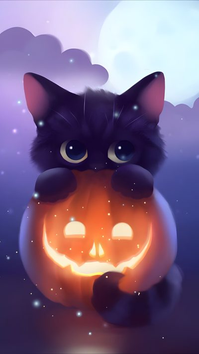 a black cat sitting on top of a pumpkin with its eyes open and glowing in the dark Halloween Kawaii Cute Black Cat Cute Cat Halloween, Cute Halloween Cat Background, Cute Black Cat Kawaii, dim gray
