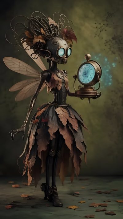 a woman dressed as a fairy holding an alarm clock with leaves on her body and wings Halloween Steampunk Steampunk Creature Concept Art, Steampunk Creatures, Fairy Artificer, dark slate gray