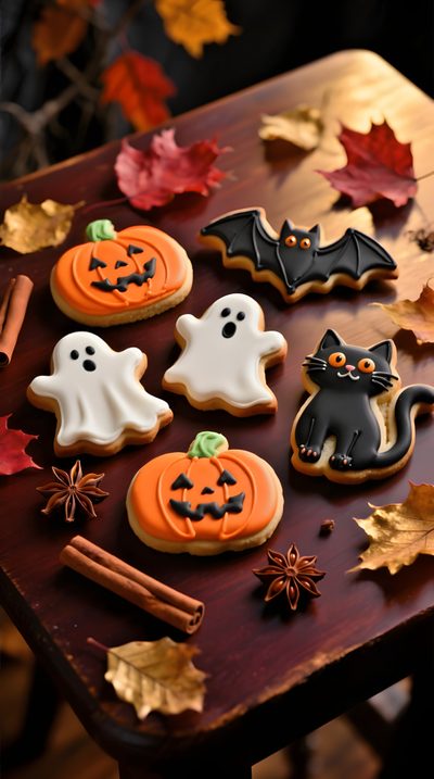 decorated halloween cookies sitting on top of a wooden table Halloween Cookie Halloween Sugar Cookies Decorated, Halloween Pumpkin Carving Stencils, Orange Icing, maroon
