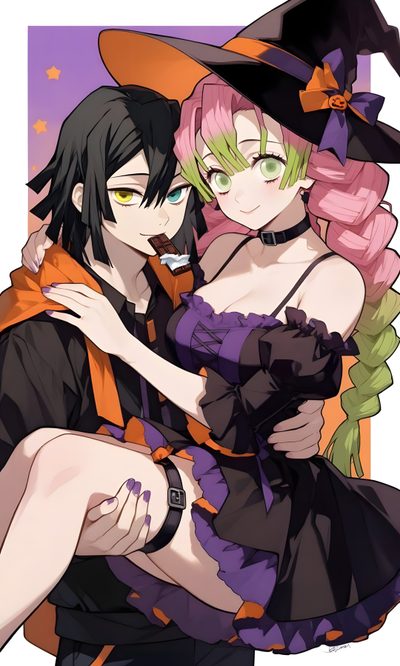 two people dressed up like witches hugging each other in front of a purple and orange background Halloween Demon Slayer Kimetsu No Yaiba Halloween, Mitsuri Halloween, Demon Slayer Halloween Pfp, sienna