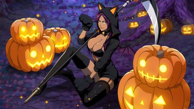 an animated image of a woman holding a knife and surrounded by pumpkins Bleach Halloween Yoruichi Christmas, Yoruichi Halloween, Yoruichi Banner, dark slate gray