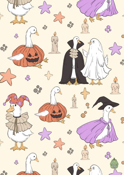 a group of ducks and geese in halloween costumes on a beige background with stars, pumpkins and other decorations Halloween Goose Cute Halloween Duck, Silly Goose, Halloween Ducks, Goose Patterns, Halloween Animal, old lace