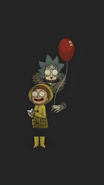 a cartoon character holding a red balloon in his hand and wearing a yellow outfit with black background Rick And Morty Halloween Rick E Morty, Fond D'écran Iphone Tumblr, Rick And Morty Drawing, black