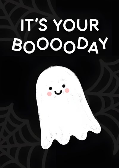 it's your booday card with a white ghost on the front and black background Cute Halloween Birthday Happy Birthday Boo Funny, Happy Birthday Halloween Quotes, Halloween Birthday Joke, black
